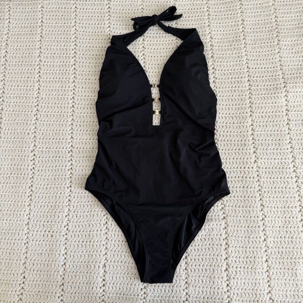 Tory Burch Women’s Size L Gemini Link Black One Piece Swimsuit Plunge Halter - Picture 4 of 12